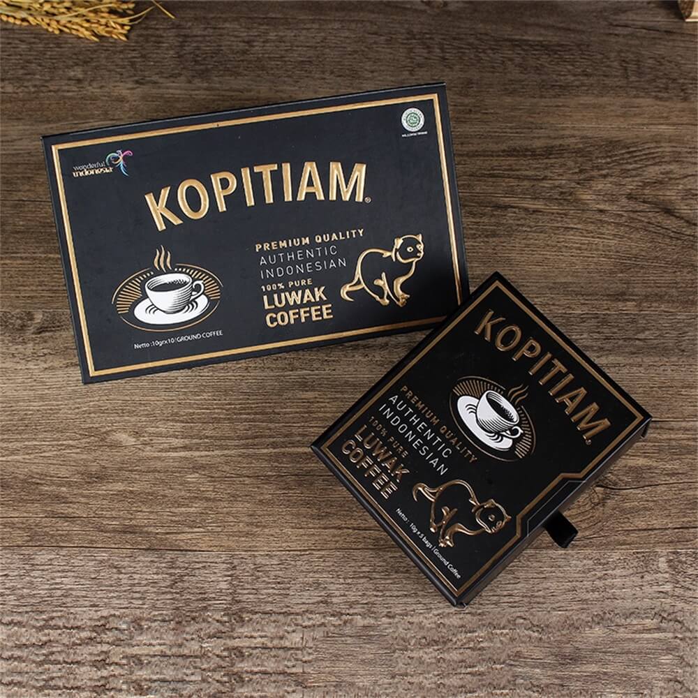 3D gold Foil Stamping Cardboard Drawer Box For Luwak Coffee Side View Four