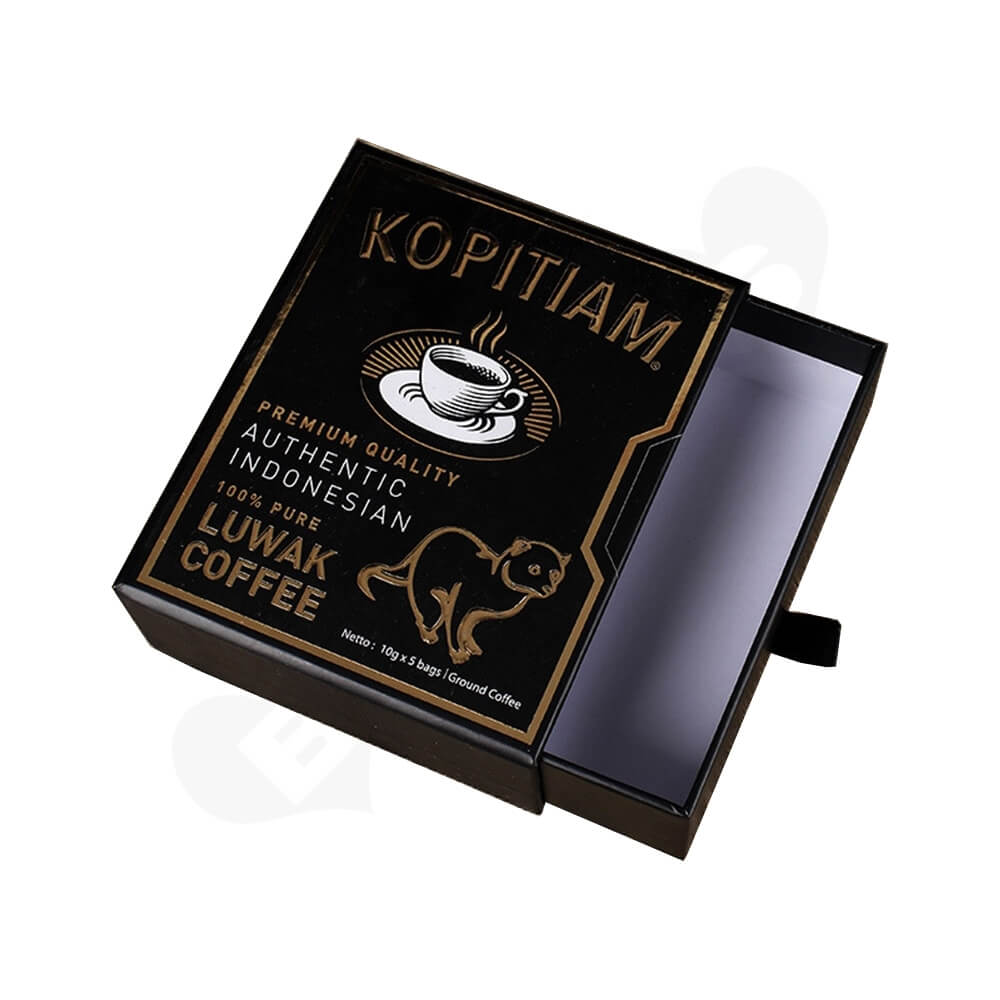 3D gold Foil Stamping Cardboard Drawer Box For Luwak Coffee Side View One