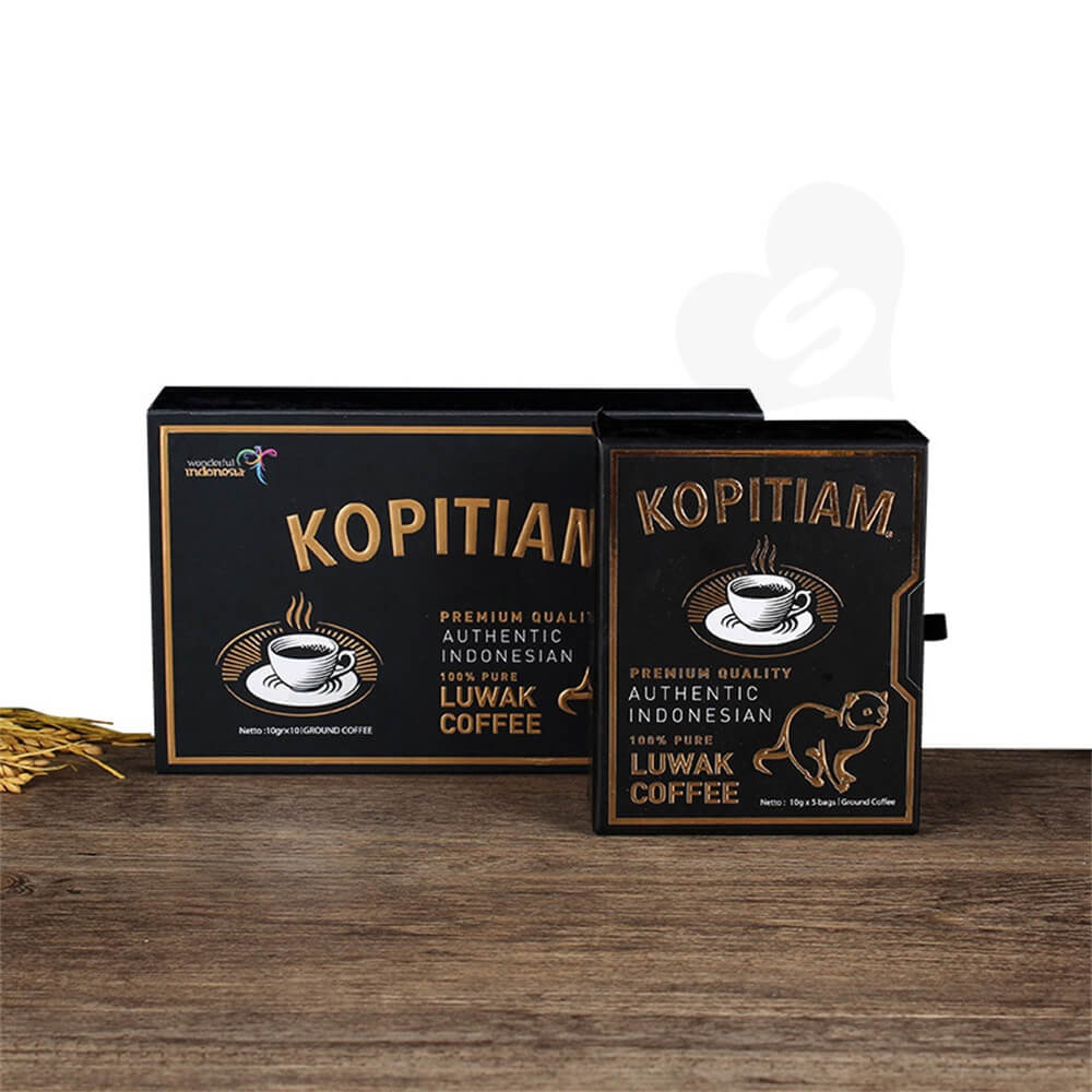 3D gold Foil Stamping Cardboard Drawer Box For Luwak Coffee Side View Three