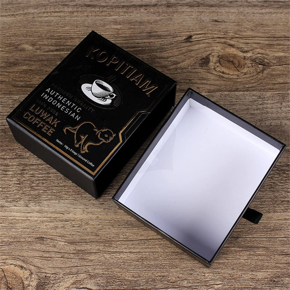 3D gold Foil Stamping Cardboard Drawer Box For Luwak Coffee Side View Two