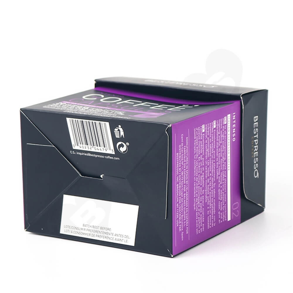 Printed Hinged Lid Folding Carton For Espresso Capsule Side View Two