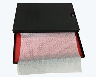 White printed wrapping paper in the tie boxes